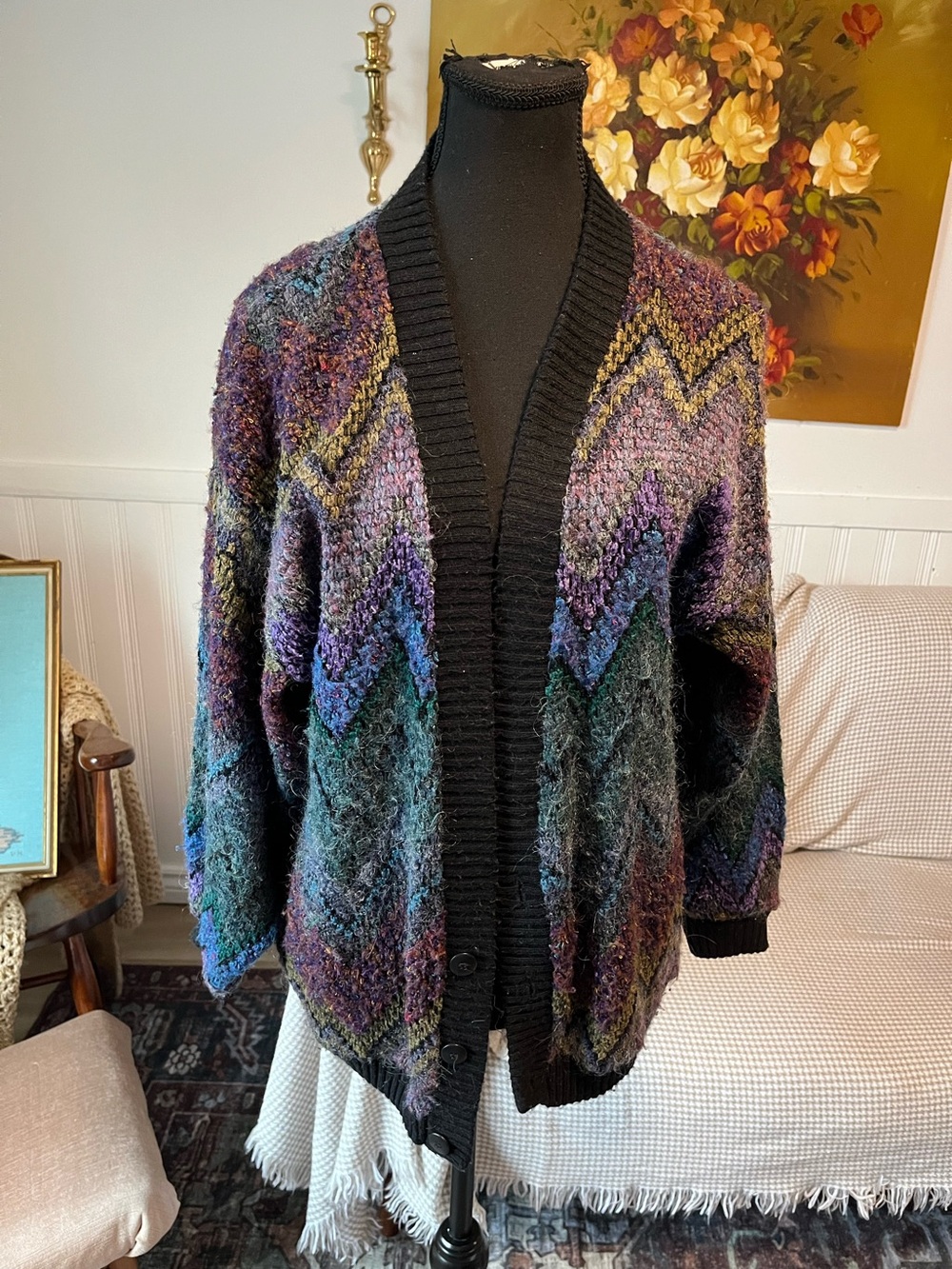 J.J Cochran Cozy Multicolor Vintage Mohair Blend Open Cardigan Sweater M